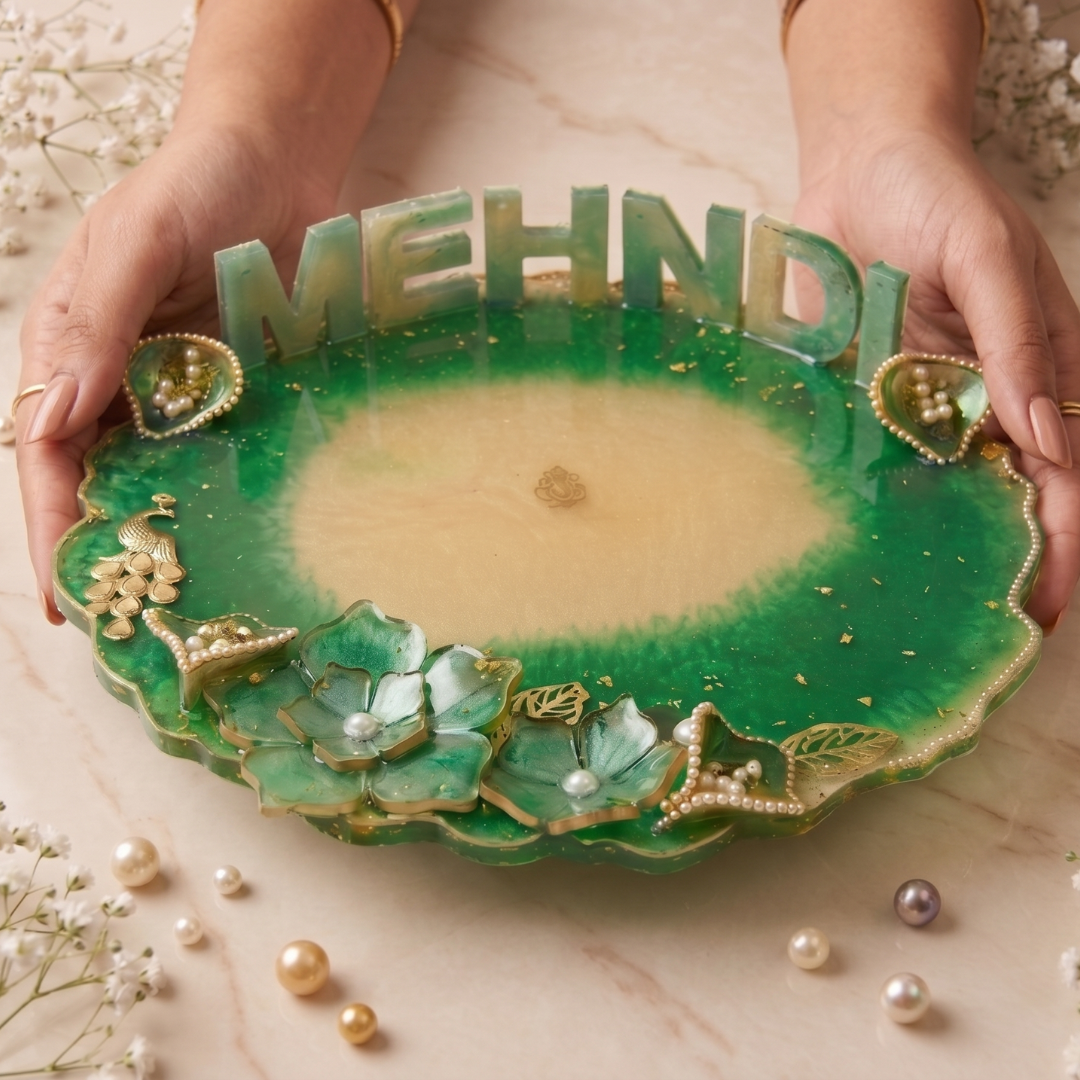 Emerald Green Lotus Tray - Mehndi (10 inch)